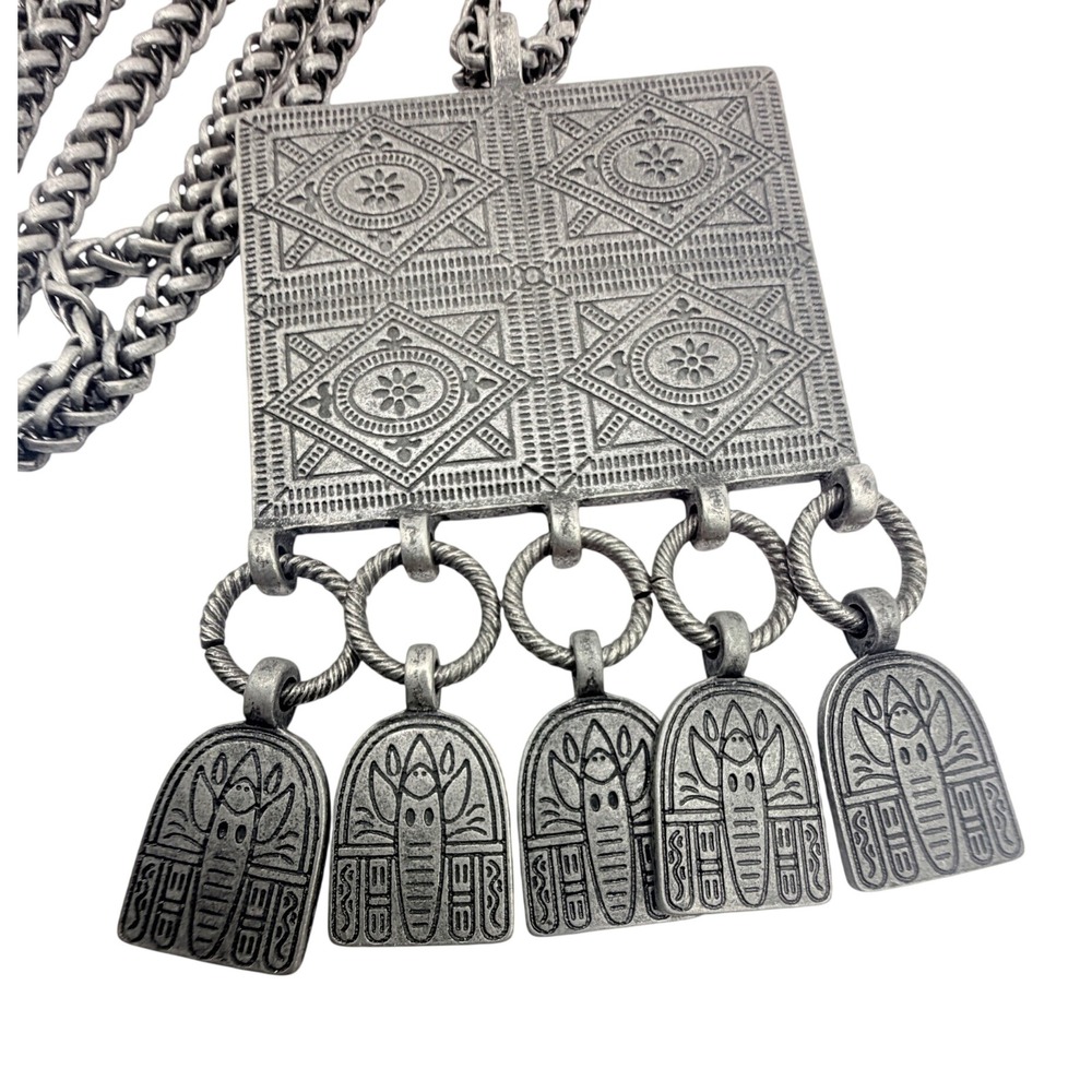 Antiqued Silver Tone Etched Pendant Necklace Long Wheat Chain Boho Dangles - Picture 4 of 6